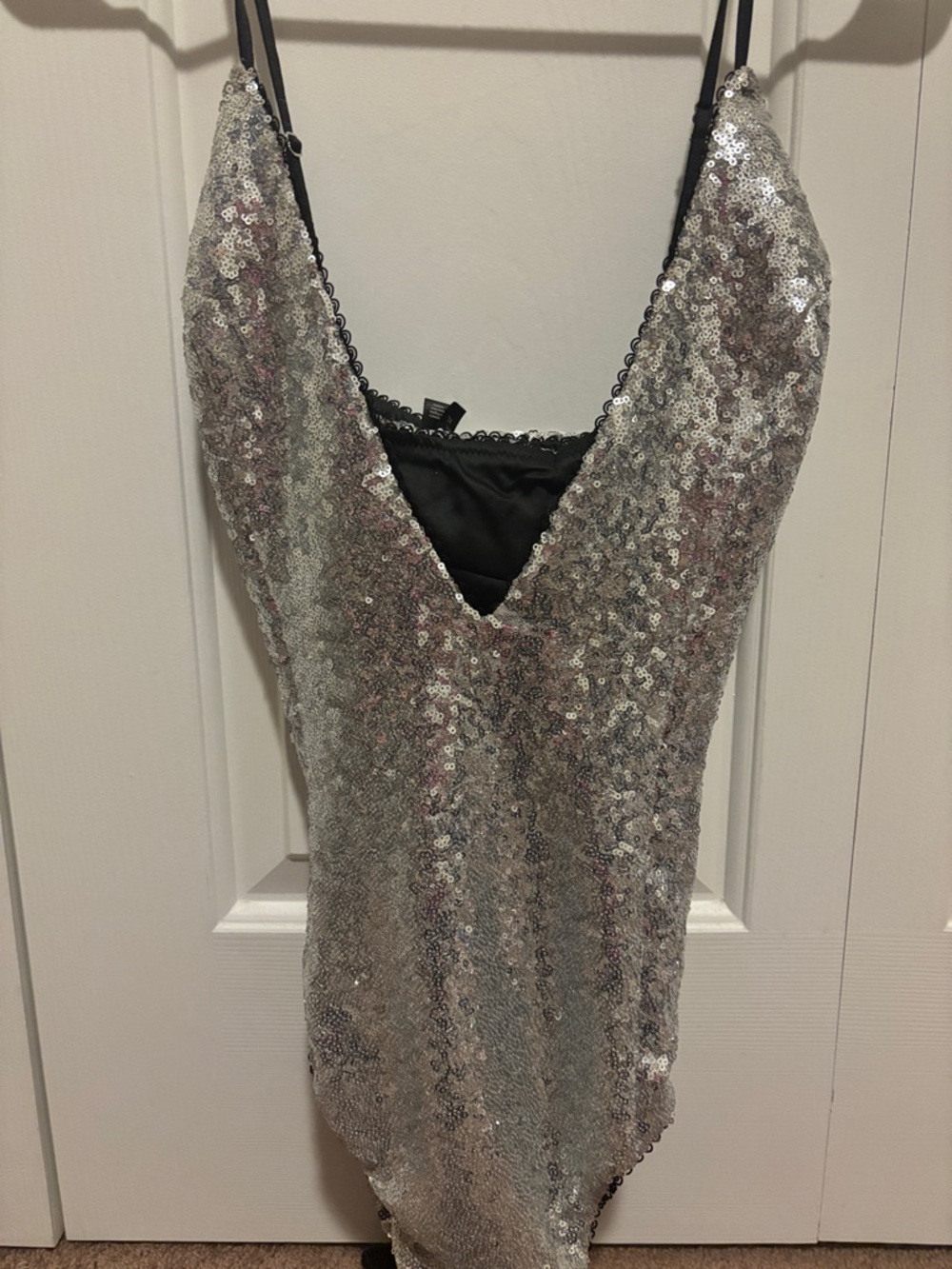 For Love And Lemons Silver Sequin V-Neck Bodysuit